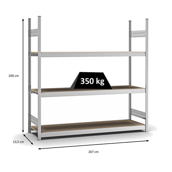PROREGAL Weitspannregal Stecksystem T-Profil Grundregal HxBxT 200x200x50 cm 3 Ebenen Spanplatten Fachboden Fachlast 350 kg Verzinkt