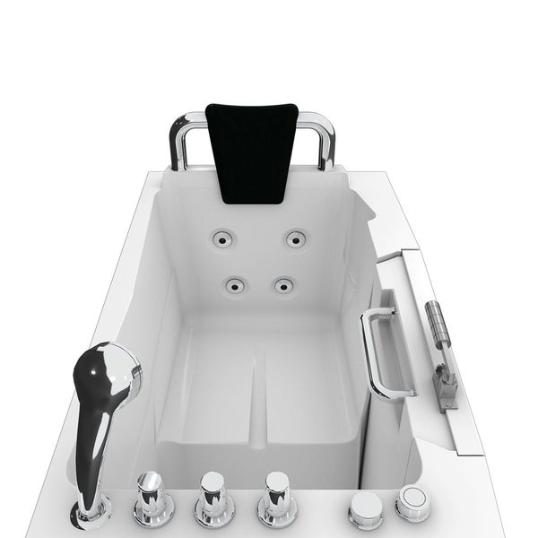 Weisse Badewanne mit Kopfstütze, Düsen, Handgriff und Armaturen