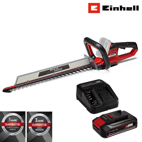 Einhell Akku-Heckenschere inklusive Ladegerät und 18 Volt Power X-Change Akku. Einhell Logo. Drei Jahre Garantie nach Online-Registrierung.