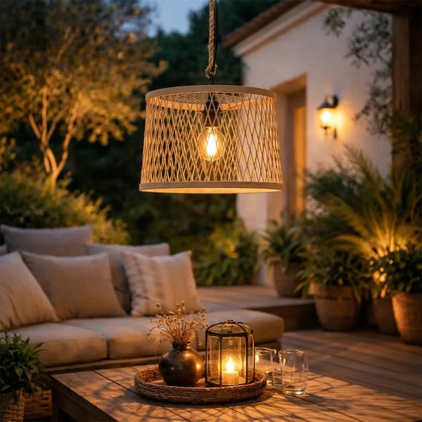Pendelleuchte aus Bambusgeflecht über einer gemütlich beleuchteten Terrasse mit Lounge-Möbeln und Pflanzen bei Nacht.