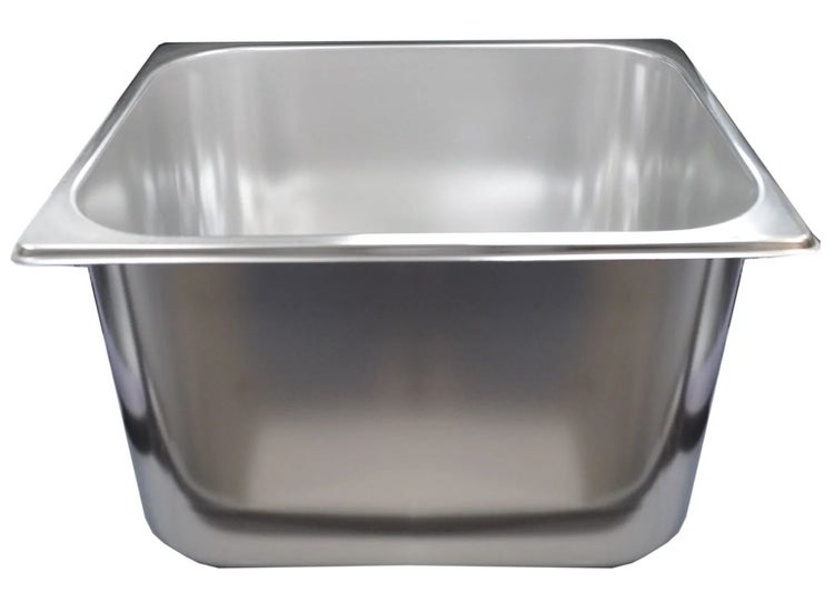 Gastronorm-Behälter aus rostfreiem Edelstahl in quadratischer Form.