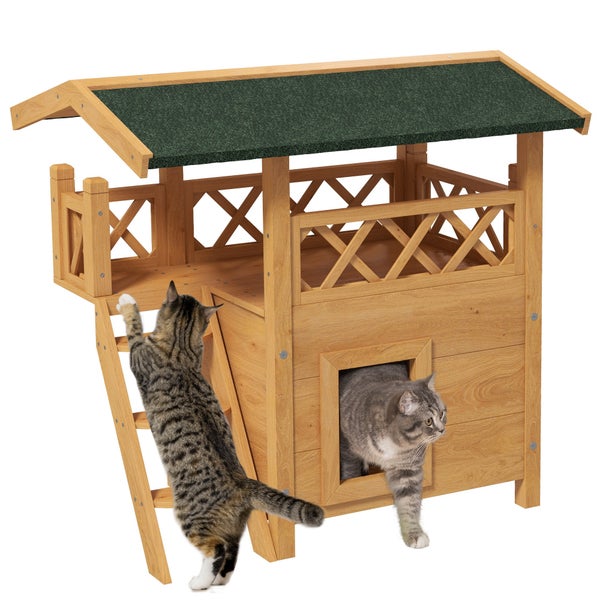 Katzenhaus aus Holz mit Leiter und zwei Katzen
