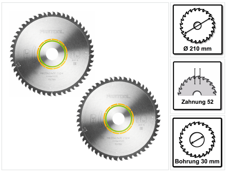 Festool Feinzahn Kreissägeblatt Set 2x 210 x 30 x 2,4 mm W52 210 mm ( 2x 493199 ) 52 Zähne