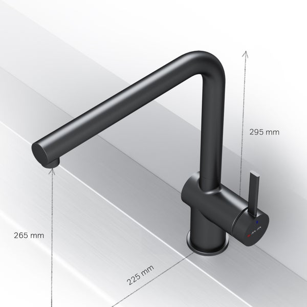 Küchenarmatur mit Maßangaben: 265 mm Höhe, 225 mm Tiefe, 295 mm Ausladung.
