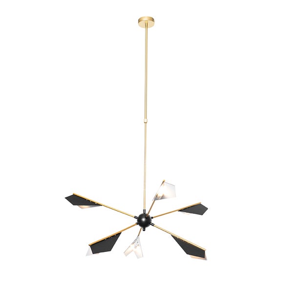 Moderne Pendelleuchte mit sechs Armen und geometrischen Schirmen