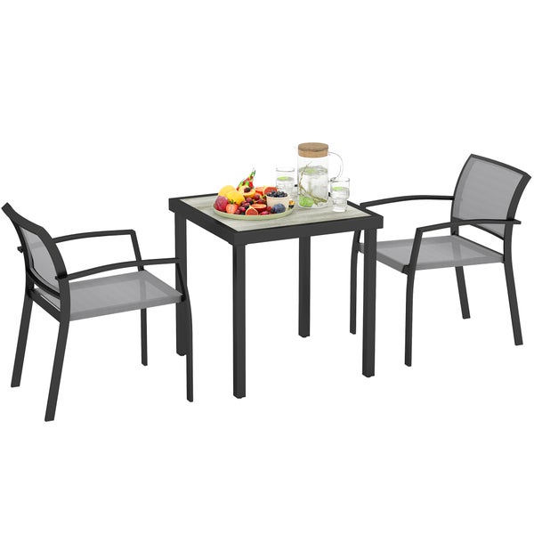 Outsunny Sitzgruppe 3 tlg. Essgruppe für 2 Personen Esstisch mit 2 Stapelbare Stühle, Bistroset Esszimmergruppe Küchentisch-Set mit Stahlgestell Balkonmöbel Gartenmöbel für Terrasse, Balkon Grau