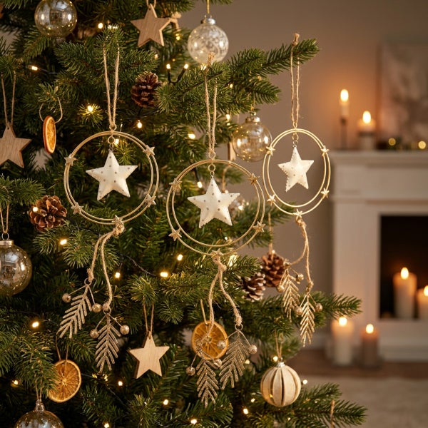 Weihnachtsbaum geschmückt mit Sternen im Ring, Tannenzapfen, getrockneten Orangenscheiben und Weihnachtskugeln vor einem Kamin.