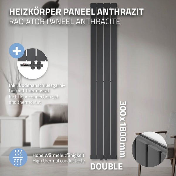 ML-Design Paneelheizkörper Doppellagig 1800x300mm Anthrazit Mittelanschluss Bodenanschlussgarnitur Durchgangsform Multiblock Thermostat Badheizkörper Vertikal Designheizkörper Flachheizkörper Heizung