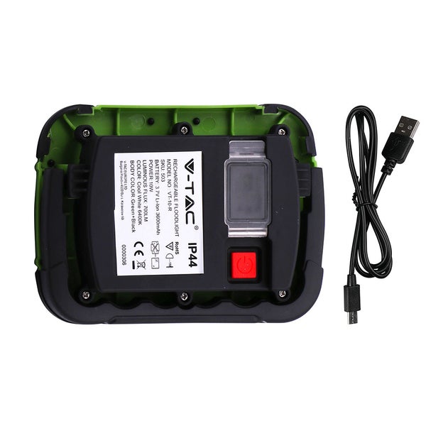 V-TAC Logo. Wiederaufladbarer Fluter mit USB-Kabel. IP44 Schutzart.