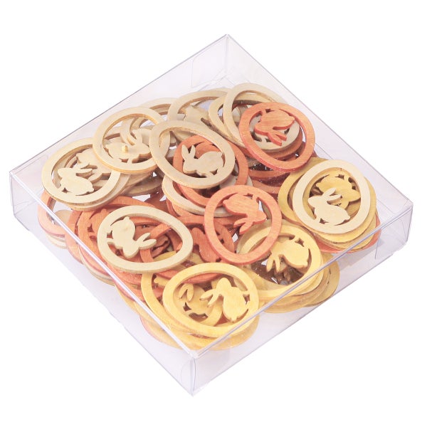 Oster-Streudeko aus Holz in Eiform mit Hasenmotiv in einer transparenten Kunststoffbox.