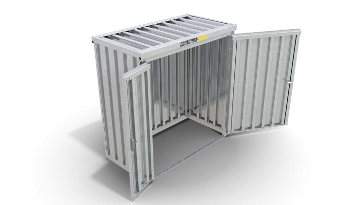 Lagercontainer Gerätehaus XS  – 2 qm, H2115 x B2100 x T1140 mm, verzinkt, ohne Fußboden, 1830 mm Doppelflügeltür mittig in Breitseite, zerlegt