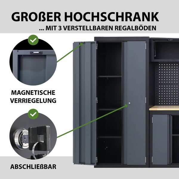 Großer Hochschrank mit drei verstellbaren Regalböden, Magnetverschluss und abschließbarer Tür