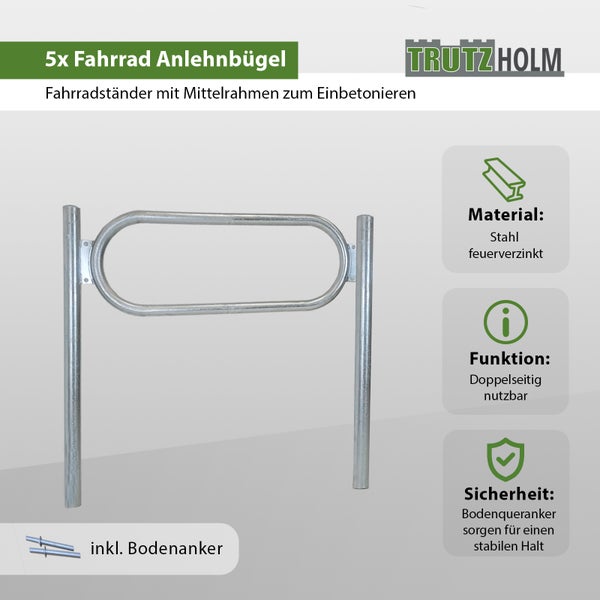 5 x Fahrradanlehnbügel  115 x 124 cm Stahl feuerverzinkt Ø 60 mm grau Einbetonieren Fahrradständer Parker Typ O