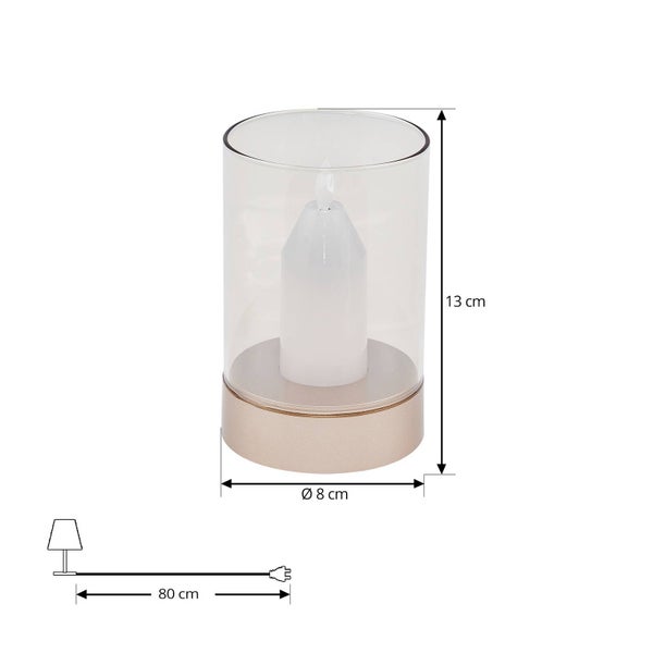 LED-Kerze im Glaszylinder mit Abmessungen: Höhe 13 Zentimeter, Durchmesser 8 Zentimeter und Kabellänge 80 Zentimeter.
