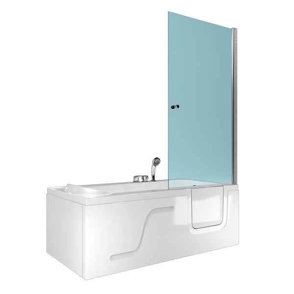 Weiße Senioren-Badewanne mit Tür, Duschwand aus Glas und verchromten Armaturen.