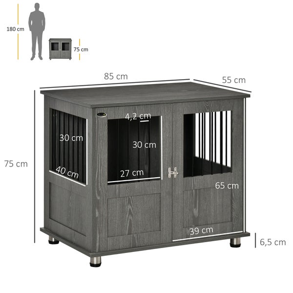 PawHut Hundekäfig für Zuhause, Haustierkäfig, Hundehütte Indoor mit Schloss, Magnettür, Hundehaus mit Fenster, Hundebox für klein und mittelgroße Hunde, Grau, 85 x 55 x 87 cm