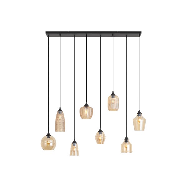 Hängelampe mit sieben Glasschirmen in unterschiedlichen Formen