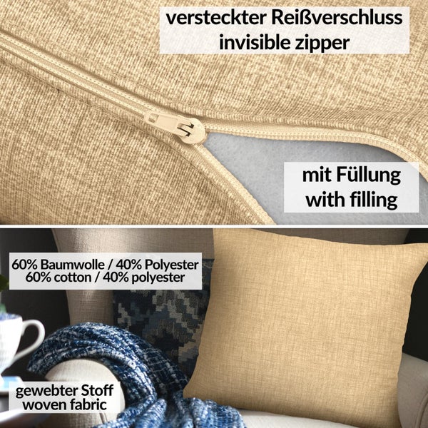 Kissenhülle Beige 60x60cm mit Füllung Leinenoptik