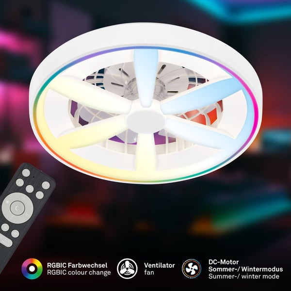 Deckenventilator mit RGBIC LED Beleuchtung, Fernbedienung, Gleichstrommotor und Sommer sowie Wintermodus.