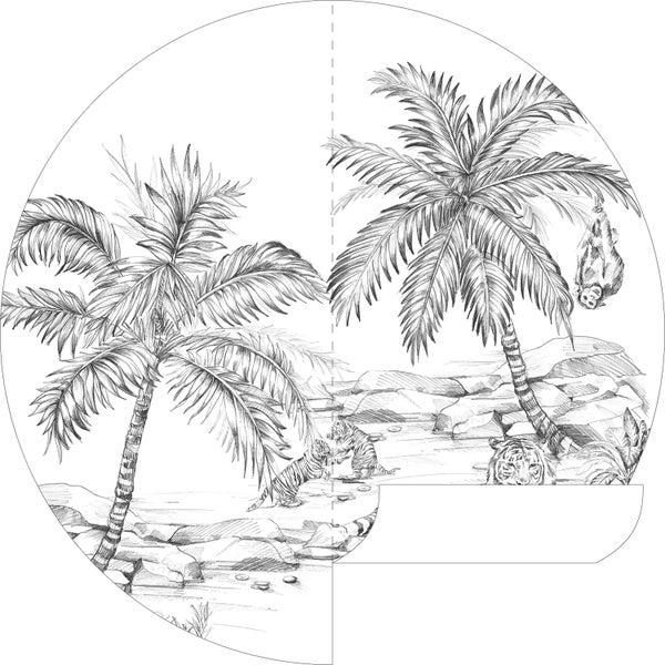 Skizze einer Dschungellandschaft mit Palmen, Tigern und einem Faultier