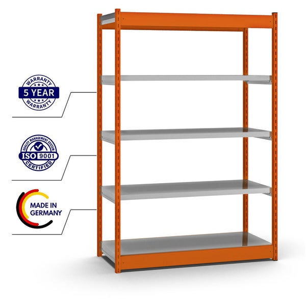 PROREGAL Fachbodenregal Stecksystem Vierkant-Profil Grundregal HxBxT 200 x 132,5 x 50 cm 5 Ebenen Einseitige Bauart Fachlast 200 kg Orange
