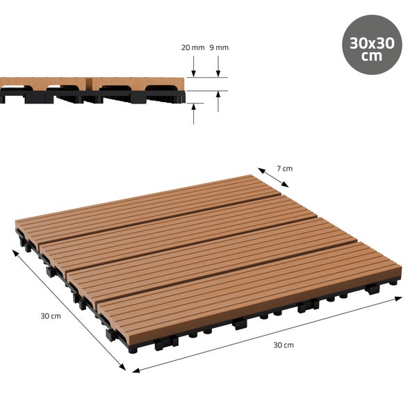 WPC-Terrassenfliese in Holzoptik mit Klicksystem, Maße 30 mal 30 Zentimeter, Lamellenbreite 7 Zentimeter, Gesamthöhe 20 Millimeter.