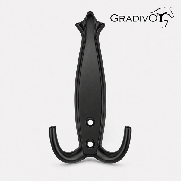 Garderobenhaken Dreifachhaken aus Metall in Schwarz mit zwei Befestigungslöchern und Gradivo Logo.