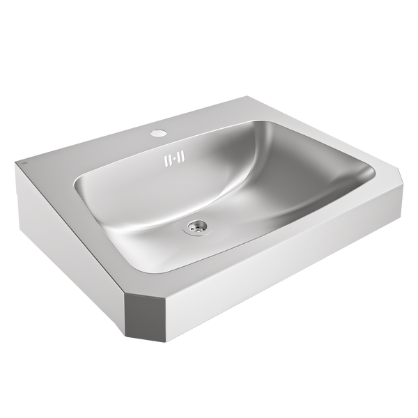 Wandwaschbecken aus Edelstahl von KWC mit Hahnloch und Überlauf.