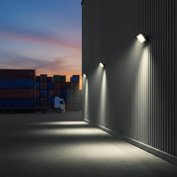 Außenaufnahme eines Lagerhauses mit LED-Außenwandleuchten zur Beleuchtung des Geländes bei Dämmerung
