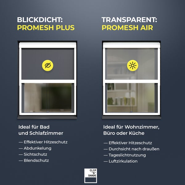 CLIP'N'SHADE Grau - Aussenrollo gegen Hitze, Jalousie, Sichtschutz und Abdunkelung für Fenster, Hitzeschutz Rollo ohne Bohren (Breite: 110 cm, Höhe: 91-140 cm, Blickdicht)