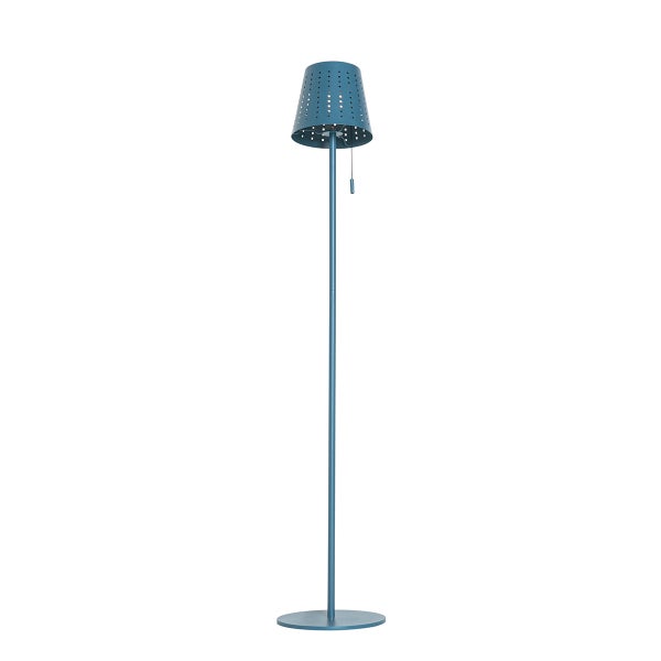 Moderne blaue Stehleuchte aus Metall mit perforiertem konischem Schirm und Zugschalter.