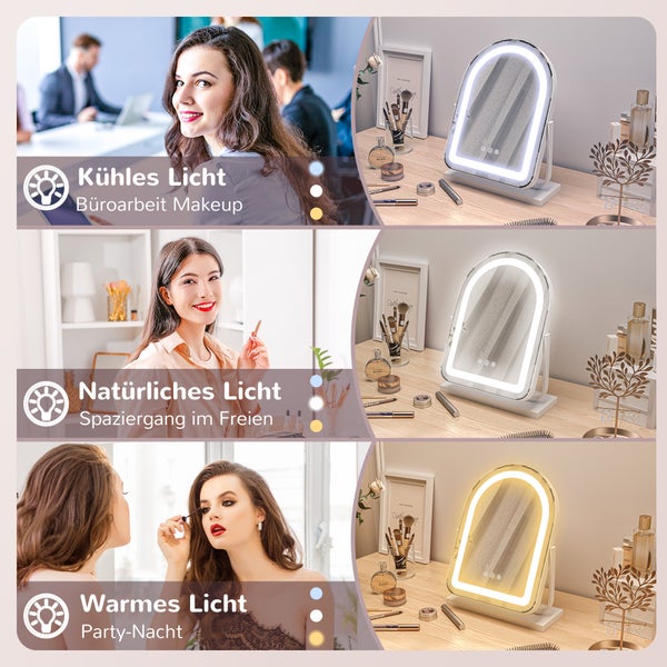 HOMCOM Kosmetikspiegel, 33 x 44,5 cm Schminkspiegel mit LED Licht, 3 Lichtfarben, 360° Drehbar Makeup-Spiegel mit Touch-Steuerung, Metallrahmen, Weiß