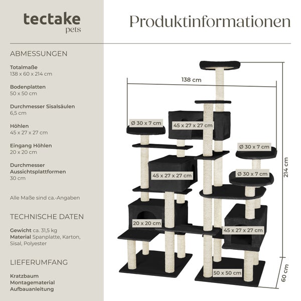 Kratzbaum tectake Entissar inklusive Kippschutz 214 cm schwarz