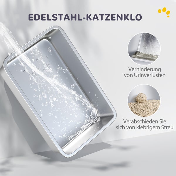 PawHut Katzenklo, Katzentoilette mit Deckel, Wanne aus Edelstahl, eingebauter Streufilter, inklusive Streuschaufel, für Katzen bis 6 kg, Weiß