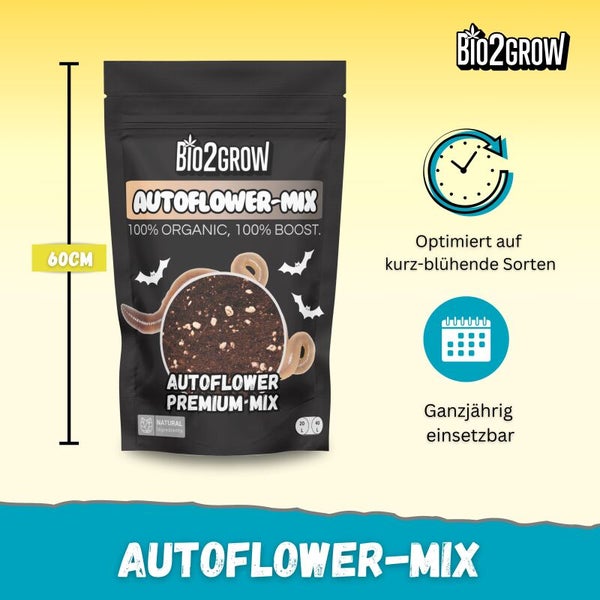 Bio2Grow Autoflower-Mix, 60 cm hoch, optimiert für kurz blühende Sorten, ganzjährig einsetzbar.