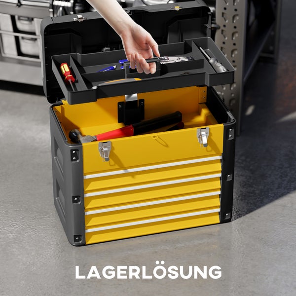 Offener gelber Werkzeugkoffer aus Kunststoff mit entnehmbarem Werkzeugträger, Hammer, Schraubendreher und Zange in einer Werkstatt.