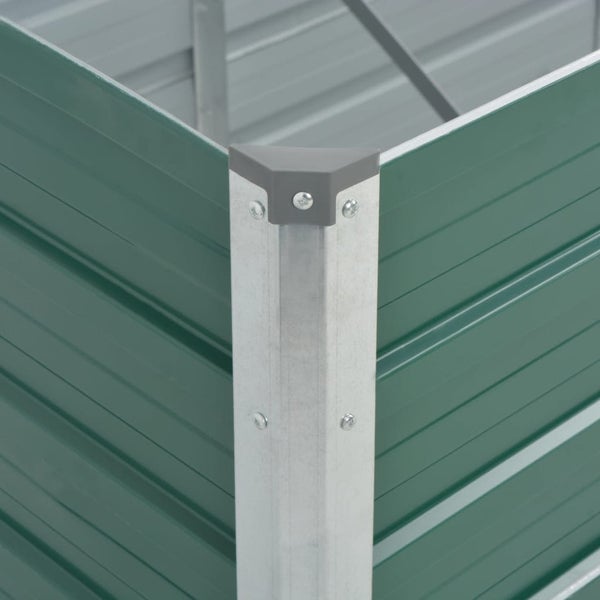 Eckdetail eines Hochbeets aus Metall mit Wellblechpaneelen, verzinktem Eckpfosten und einer Kunststoff-Schutzkappe.