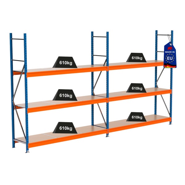Lagerregal mit drei Ebenen und einer Traglast von 610 Kilogramm je Ebene sowie Made in EU Kennzeichnung