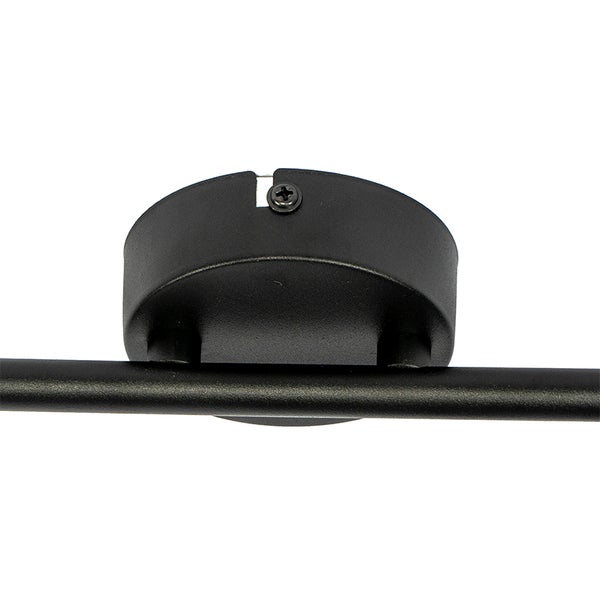 Nahaufnahme einer schwarzen Metallhalterung für eine Lampe mit horizontaler Stange und seitlicher Schraube.