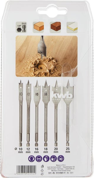 kwb Flachfräs-Bohrer Set, 6-teiliger Flach-Bohrer Satz für Holz 10 -25 mm, zubehör Schlagbormaschine