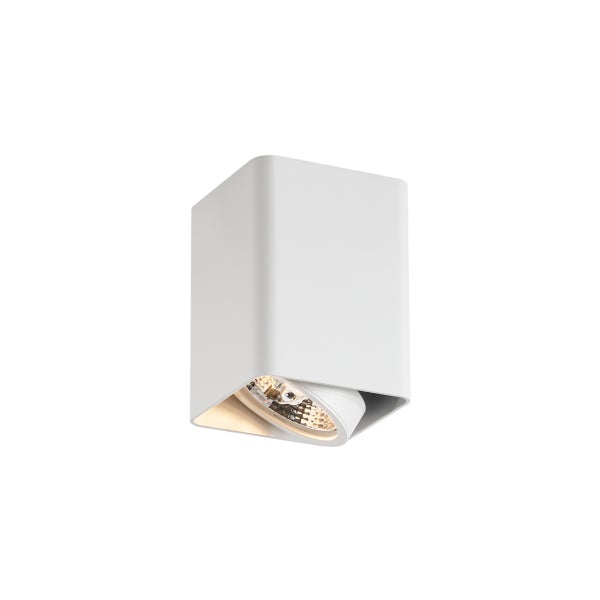 Weiße, würfelförmige Wandleuchte mit Licht