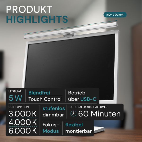 Produkt-Highlights: blendfreie Monitorleuchte mit Touch Control, USB-C-Anschluss, stufenlos dimmbar und optionalem Abschalttimer von 60 Minuten.