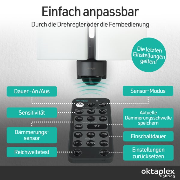 Detailansicht einer Oktoplex-Leuchte mit Hervorhebung der Einstellungsoptionen und der Fernbedienung