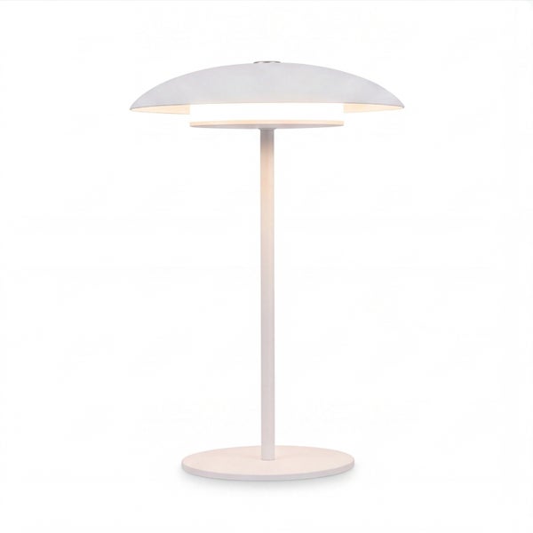 Moderne Tischleuchte mit pilzförmigem Lampenschirm und schlankem Standfuß für ein indirektes Licht.
