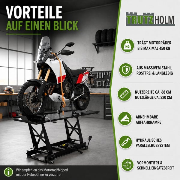 Motorrad-Hebebühne von Trutzholm aus massivem Stahl in einer Werkstatt. Tragkraft bis 450 Kilogramm, hydraulisches Hubsystem, abnehmbare Rampe.