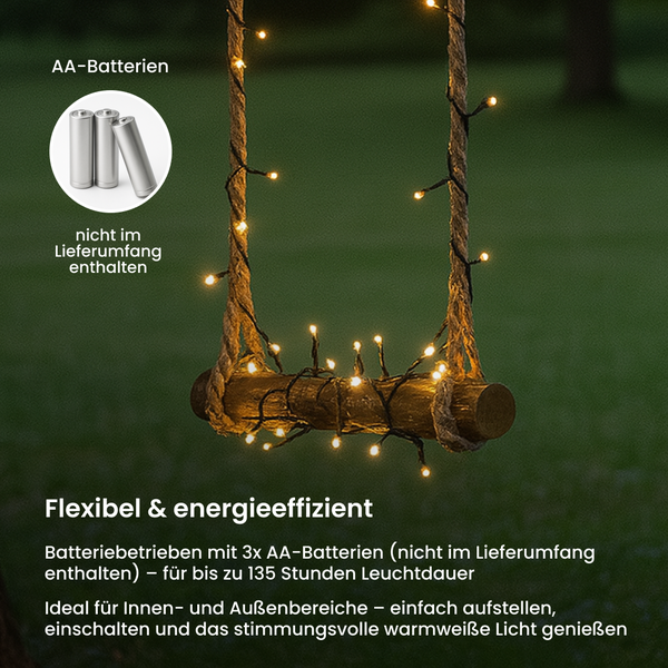 Batteriebetriebene Pendelleuchte mit Seilaufhängung und warmweißen Lichtern. Batterien sind nicht im Lieferumfang enthalten.