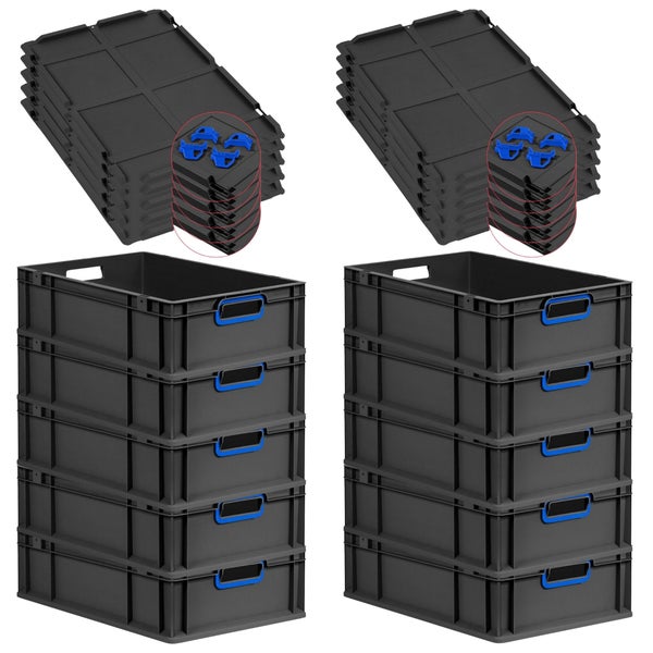 PROREGAL SparSet 10x Eurobox NextGen Color mit Auflagedeckel und Schiebeschnappverschlüsse, HxBxT 17x40x60cm, 34 Liter, Schwarz, Griffe blau offen, Eurobehälter, Transportbox, Transportbehälter, Stapelbehälter