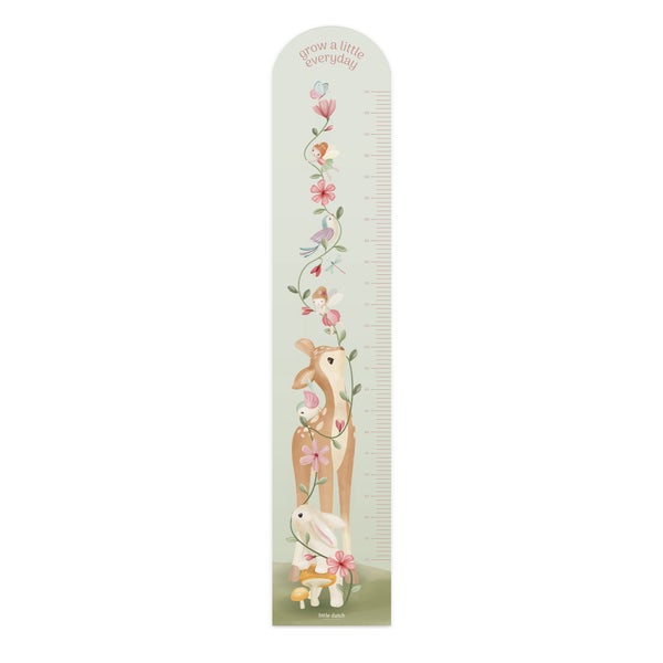 Wandmesslatte für Kinder mit Tiermotiven, Reh und Hase, Messbereich bis 160 Zentimeter, Little Dutch Logo.