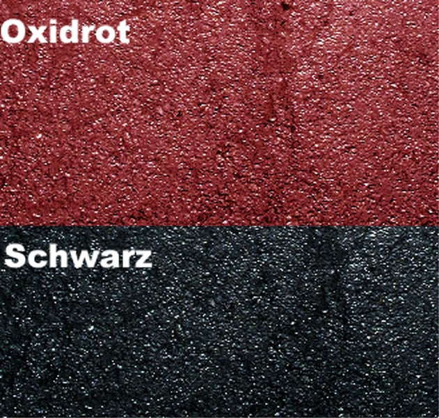 Körnige Oberflächenstruktur von Dachmaterial in den Farben Oxidrot und Schwarz.