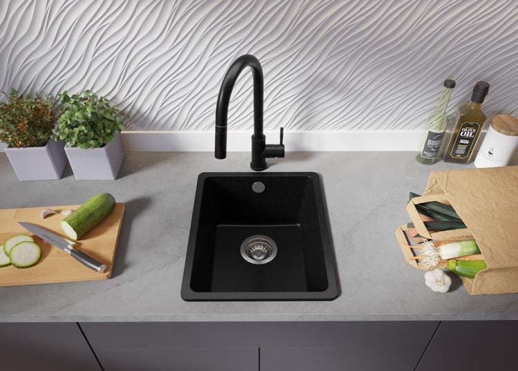 PRIMAGRAN Spülbecken Schwarz 36x44cm, Granitspüle 1 Becken + Ablauf-Set, Küchenspüle ab 40er Unterschrank - Venedig Slim Easy